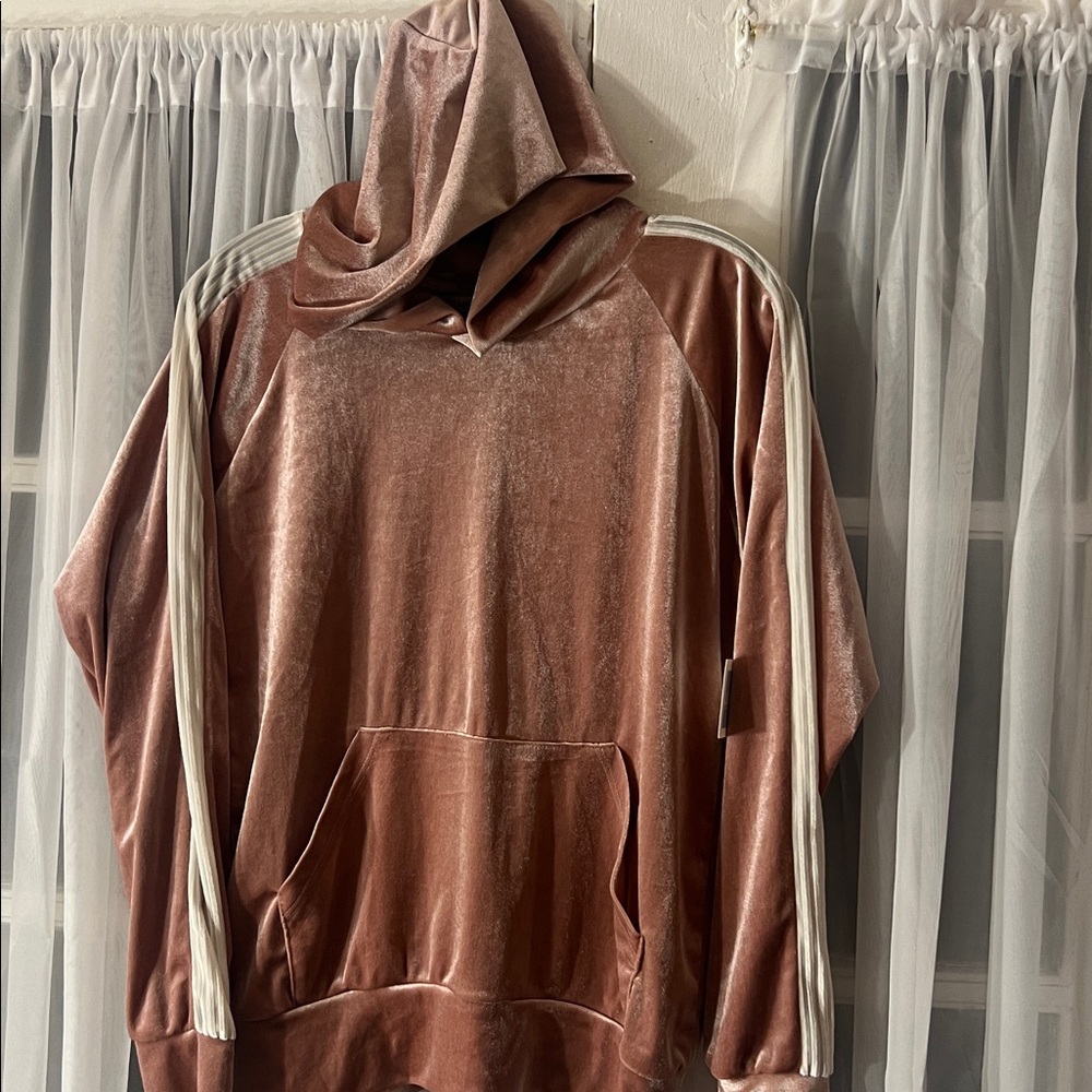 Liana Velvet Pullover Hoodie with White Stripes on Sleeves Women’s Size X-Small